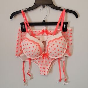 Vintage Victoria's Secret White and Pink Polka Dot Bra and Panties